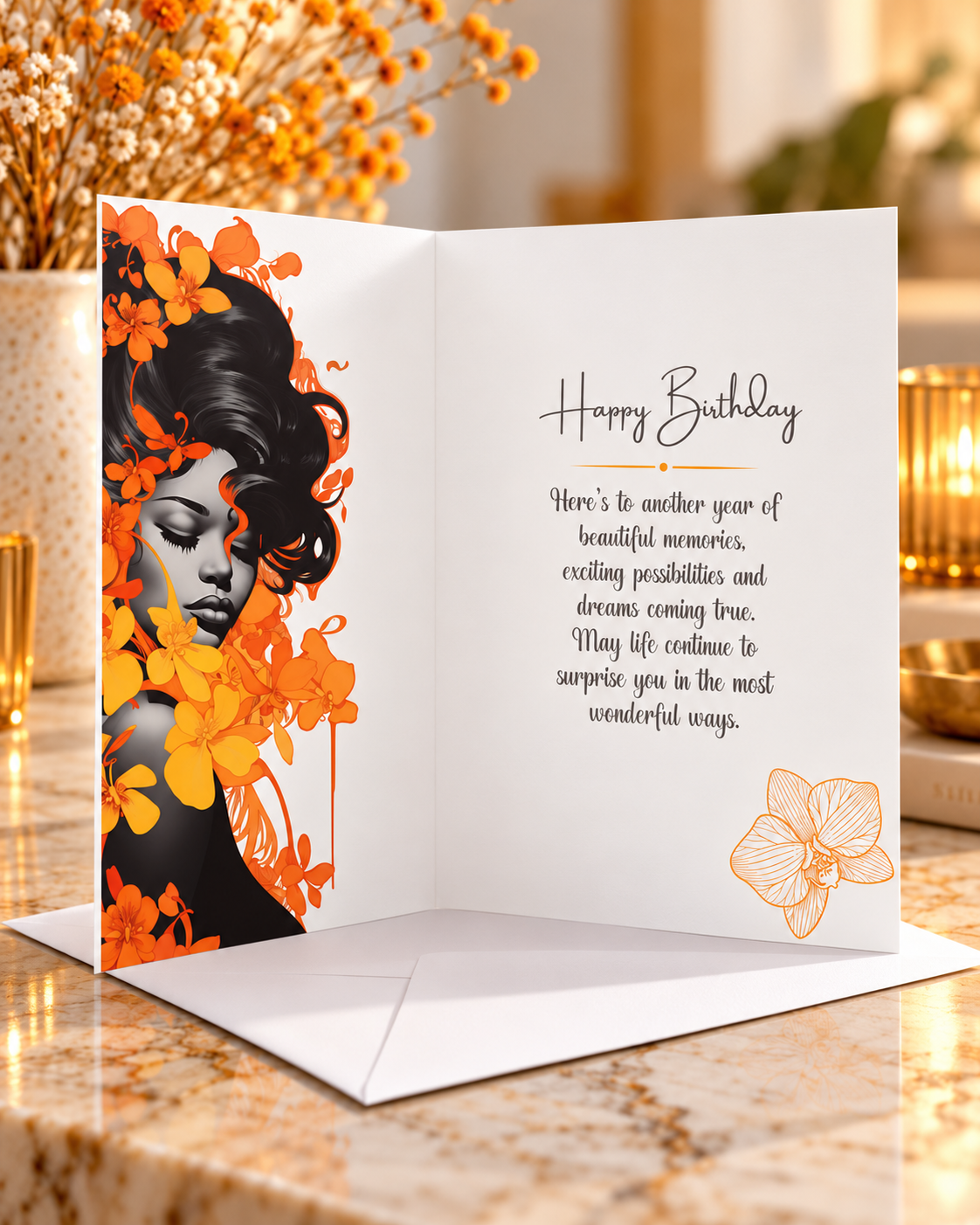 Orange Floral Birthday Card
