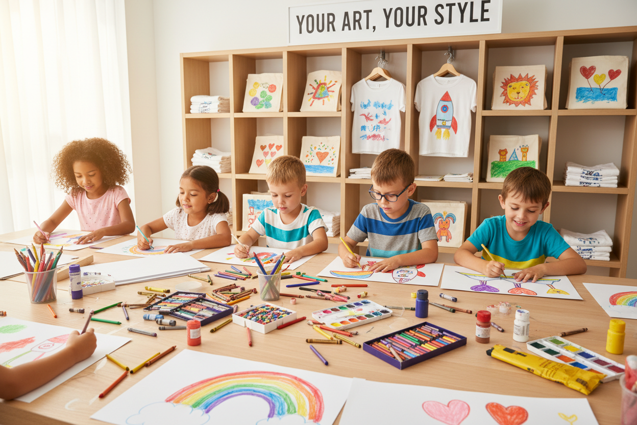 A bright, cheerful children’s creative workshop scene. A diverse group of happy kids (ages 5–10) drawing colorful artwork on paper—rainbows, animals, rockets, hearts. A friendly workspace filled with crayons, markers, and watercolor paints. In the background, neatly displayed custom T-shirts and tote bags featuring kids’ drawings printed on them. Soft natural lighting, vibrant colors, playful atmosphere. Clean, modern layout suitable for an e-commerce website banner. Emphasis on creativity, personalization 