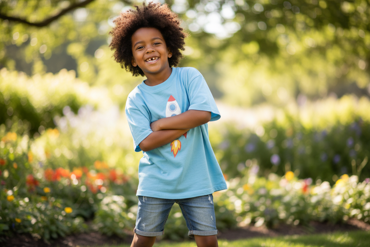 black child wearing short sleeve tshirt