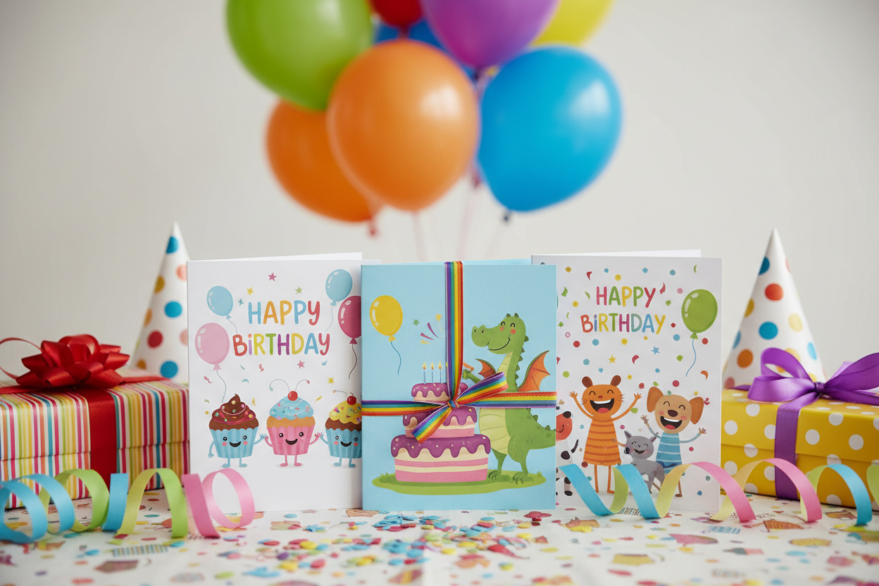 childrens birthday cards, maybe a pack or bundle, at a birthday party